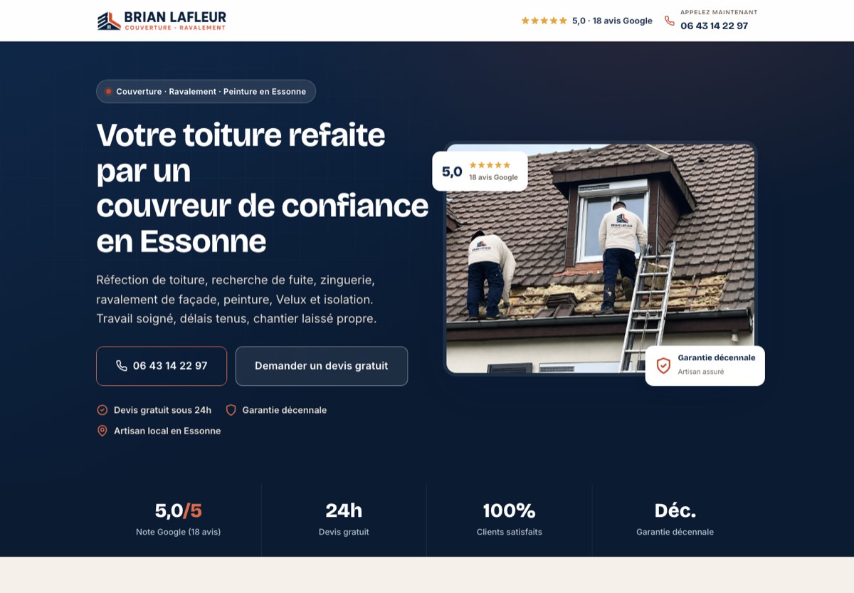 Page d'accueil du site de Lafleur Toiture