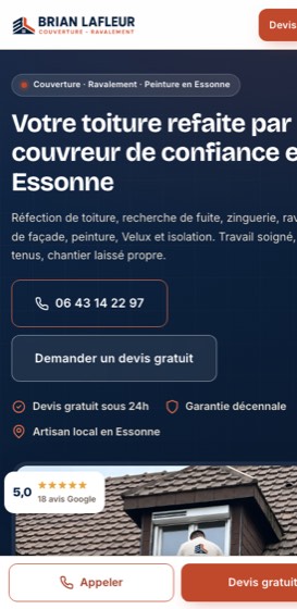 Le site de Lafleur Toiture sur mobile
