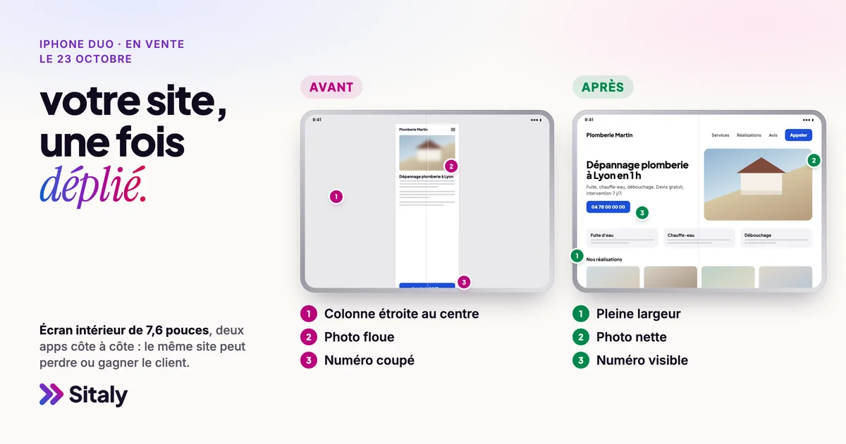 Le même site sur l'écran déplié de l'iPhone Duo. Avant : une colonne étroite au centre, une photo floue et un numéro coupé. Après : une mise en page pleine largeur, une photo nette et un numéro visible.